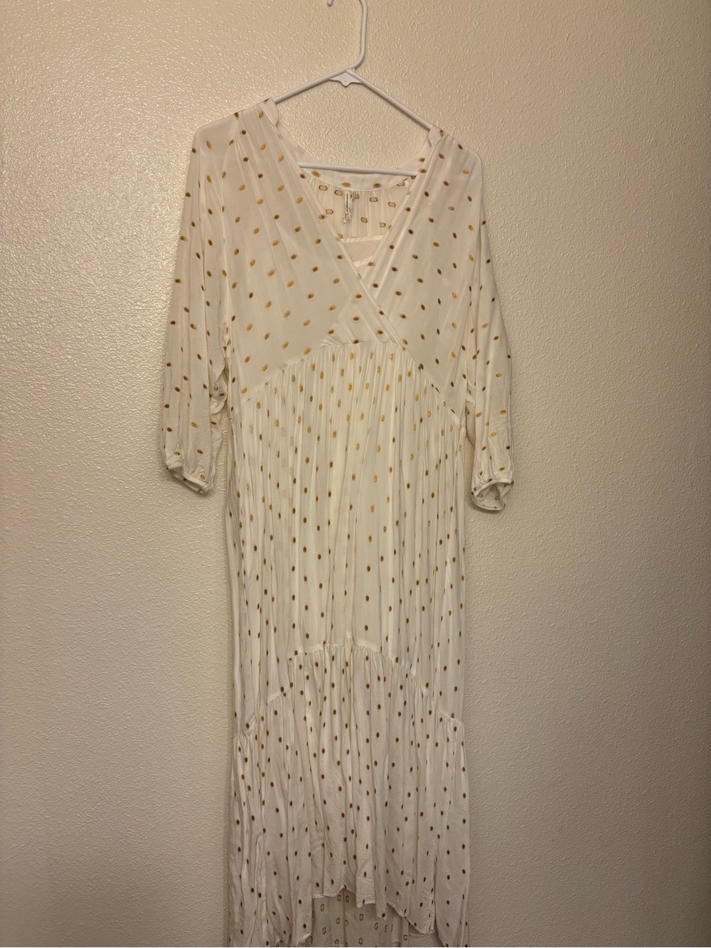 Anthropologie White Maxi Dress with Gold Dot Print